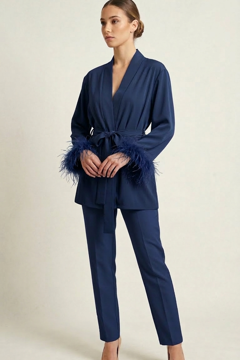 Giacca Kimono con Polsini in Piume DB11010 BLU MARICLA 