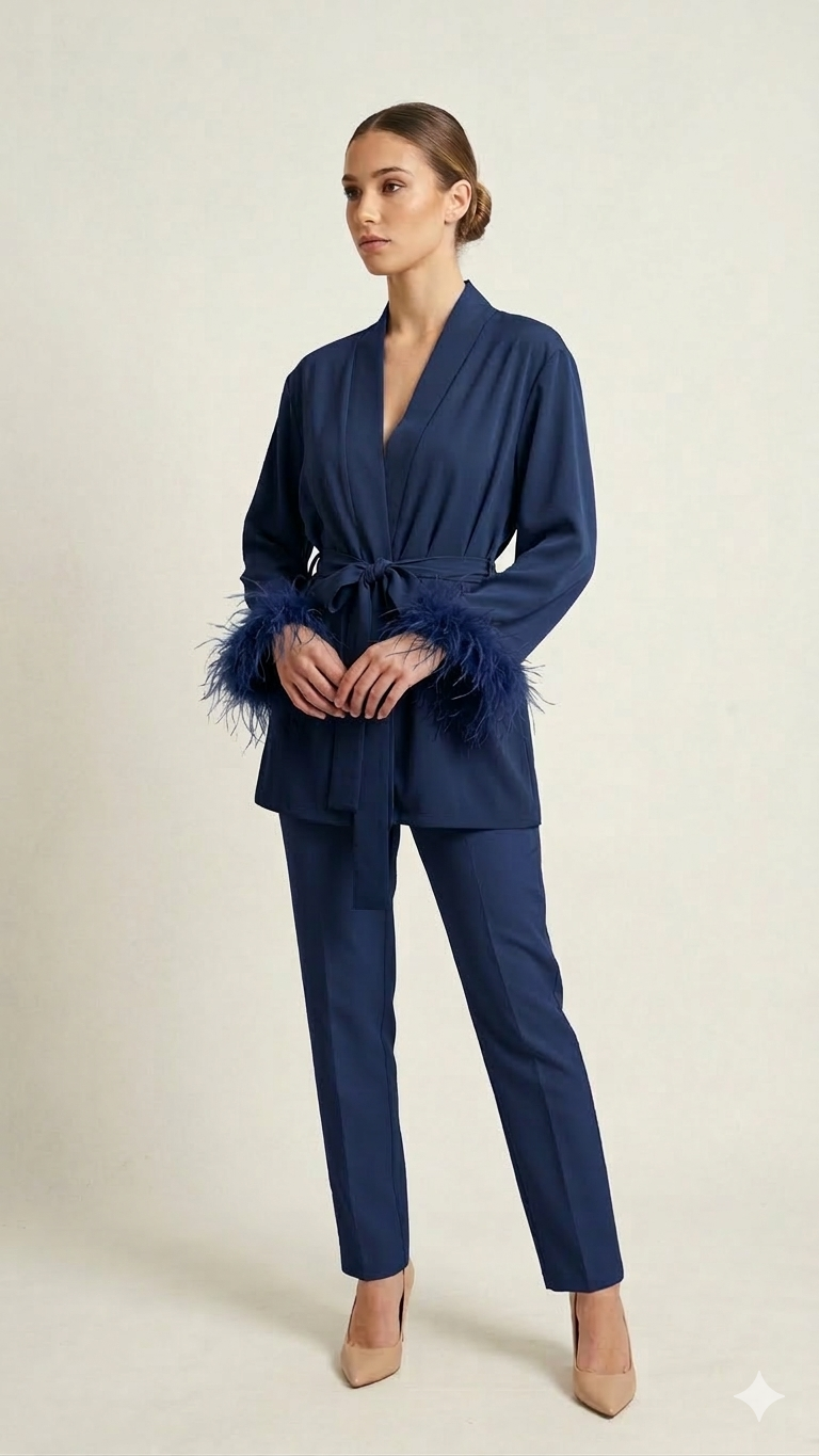 Giacca Kimono con Polsini in Piume DB11010 BLU MARICLA 