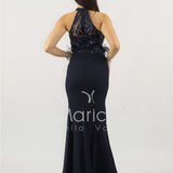 abito lungo con corpetto in strass e piume SH842AL BLU SHARON 