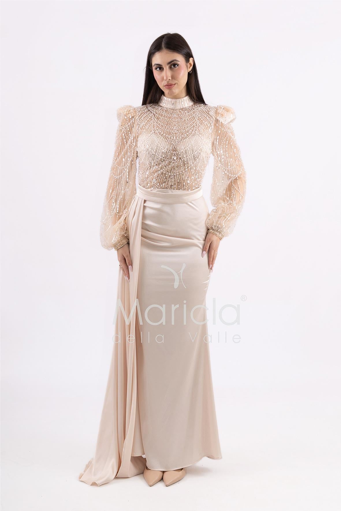 Abito sirena con corpetto ricamato e drappeggio al lato FP512352 CHAMPAGNE MARICLA ELEGANCE 