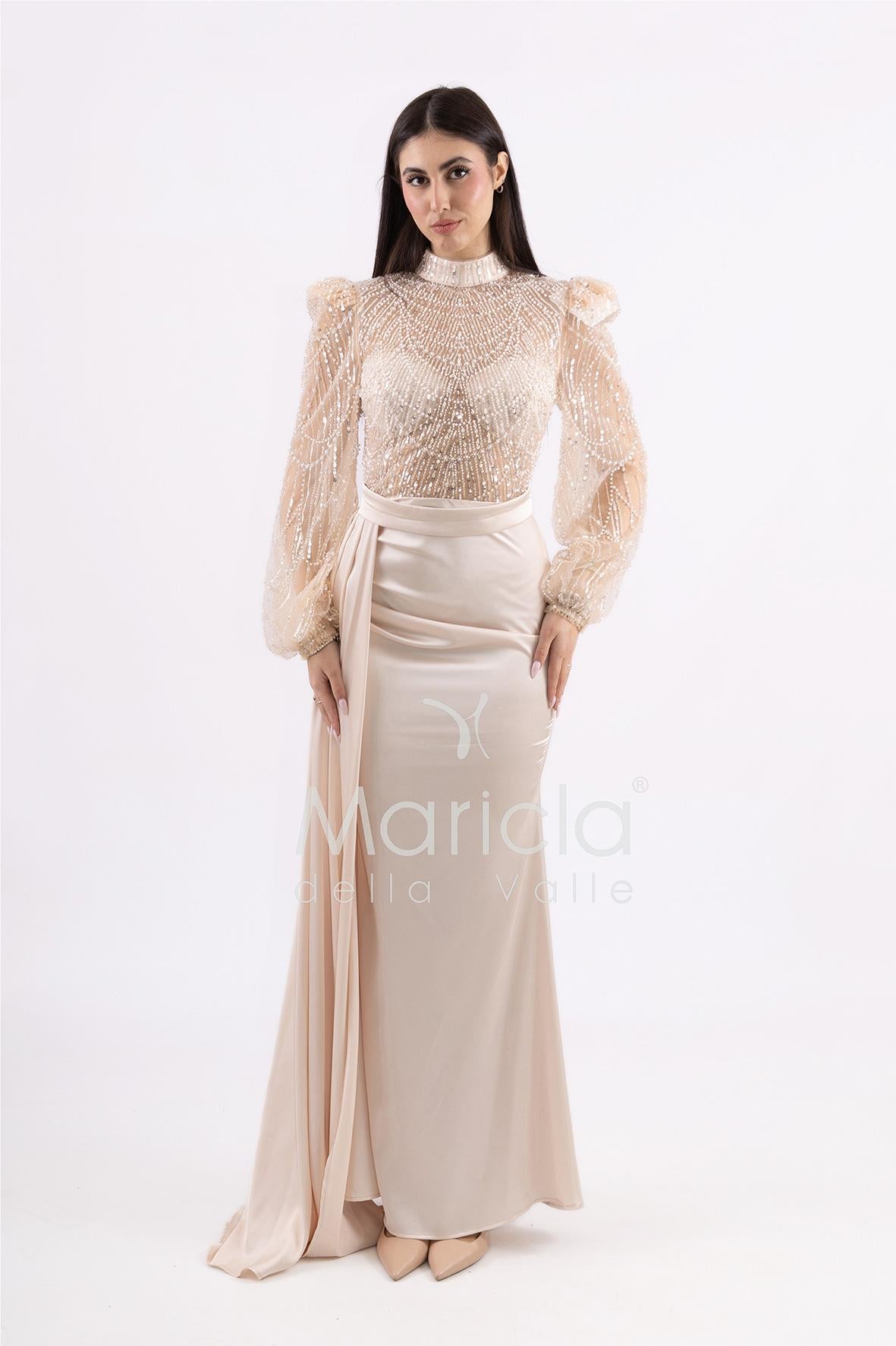 Abito sirena con corpetto ricamato e drappeggio al lato FP512352 CHAMPAGNE MARICLA ELEGANCE 