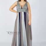 Abito lungo scollo a V, con fasce bicolore CR96419 GRIGIO CARLA RUIZ 