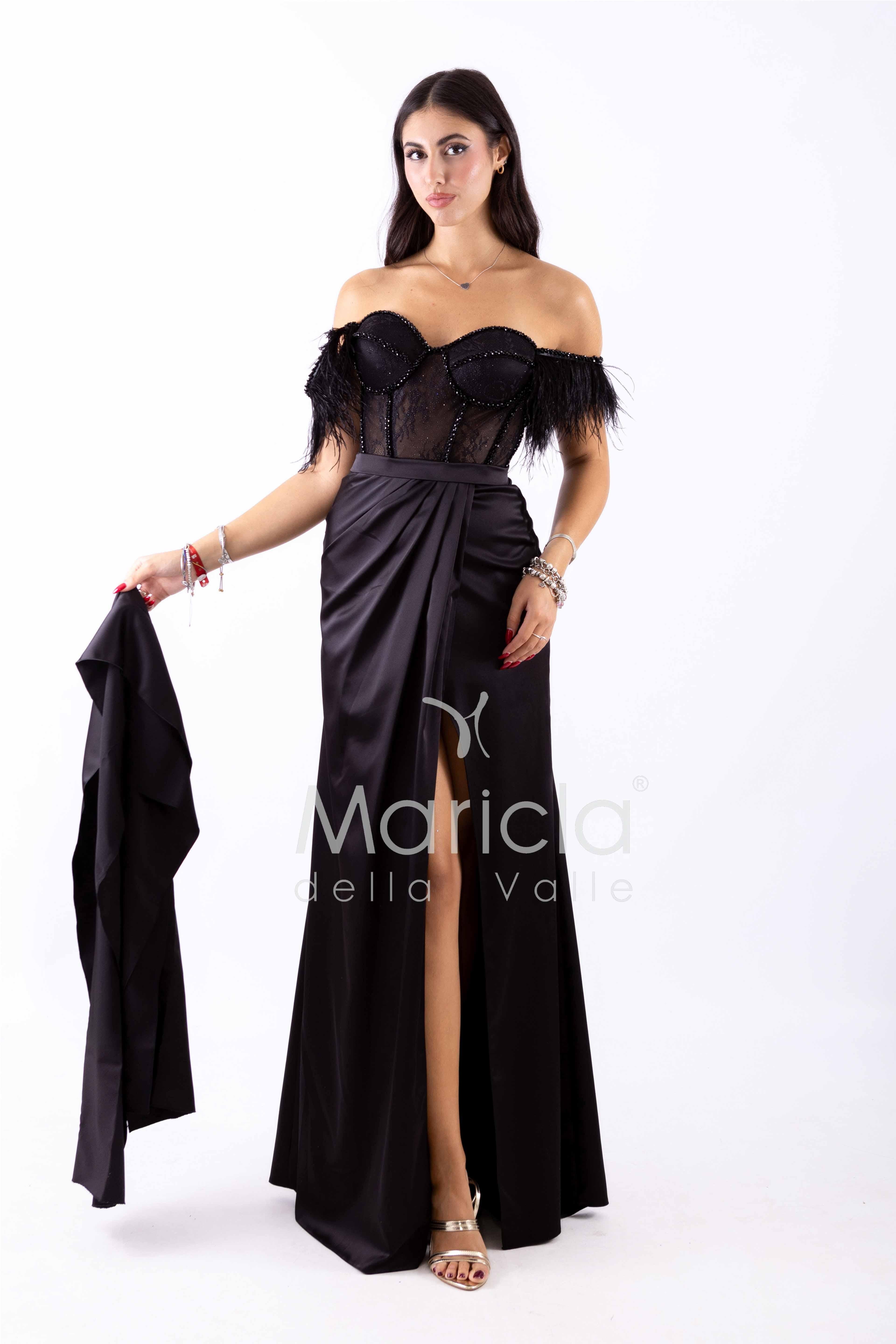 abito lungo piume corpetto ALC06 NERO MARICLA ELEGANCE 