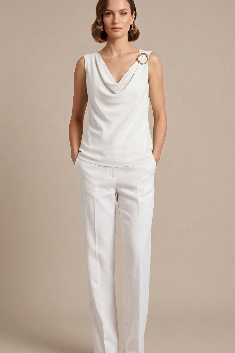 Top Fluido con Scollo a Drappeggio e Dettaglio Bijou LIB25155 BIANCO MARICLA 