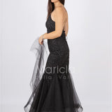 abito lungo glitter con triangoli toulle FI7269 NERO MARICLA ELEGANCE 