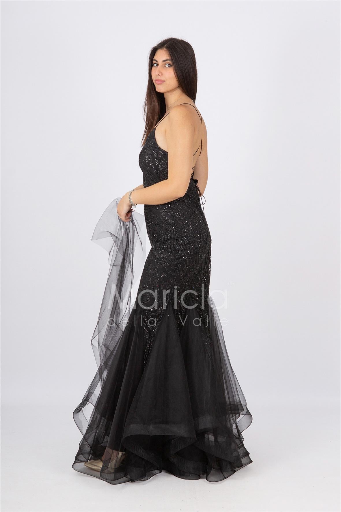 abito lungo glitter con triangoli toulle FI7269 NERO MARICLA ELEGANCE 