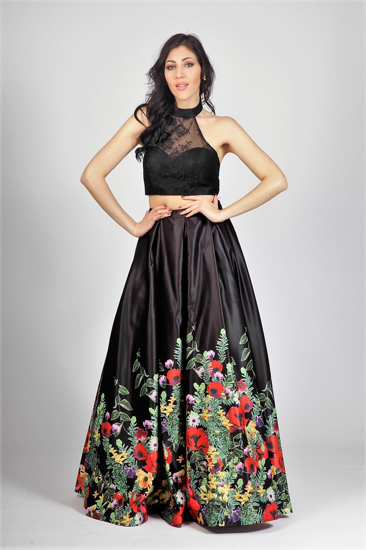 Gonnellone floreale con top in pizzo<BR/> BB27407 NERO MARICLA ELEGANCE 