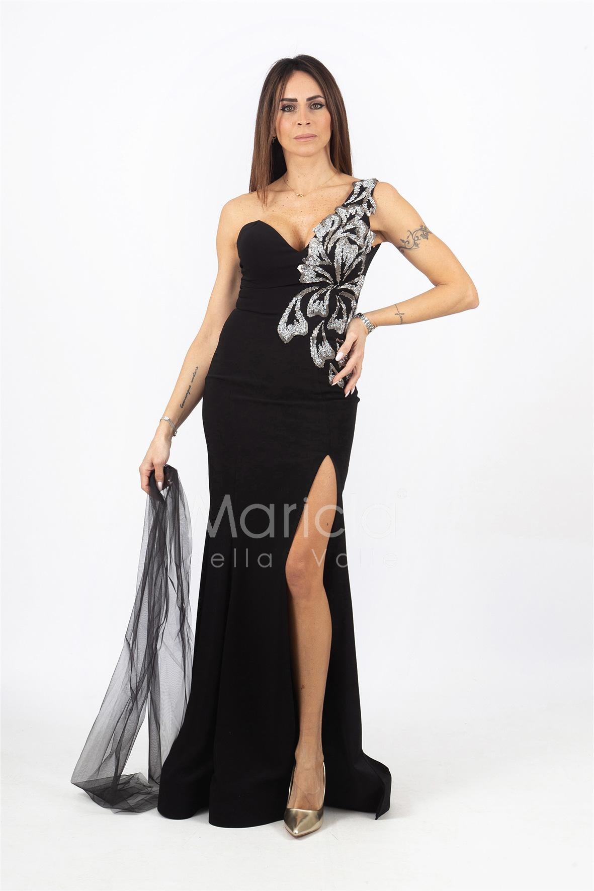 abito lungo con ricamo laterale INV2319 NERO MARICLA ELEGANCE 