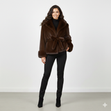 Giaccone ecopelliccia striata con cinturino e cappuccio EC0522 MORO MARICLA 