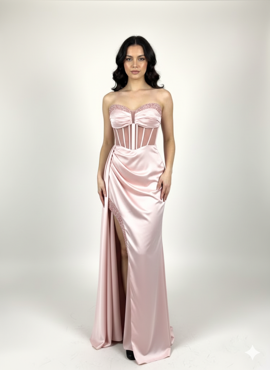 abito steccato con trasparenza e spacco HC5117 ROSA MARICLA ELEGANCE 