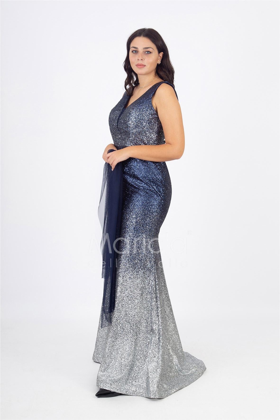 abito lungo pioggia di strass SE8390 BLU MARICLA ELEGANCE 
