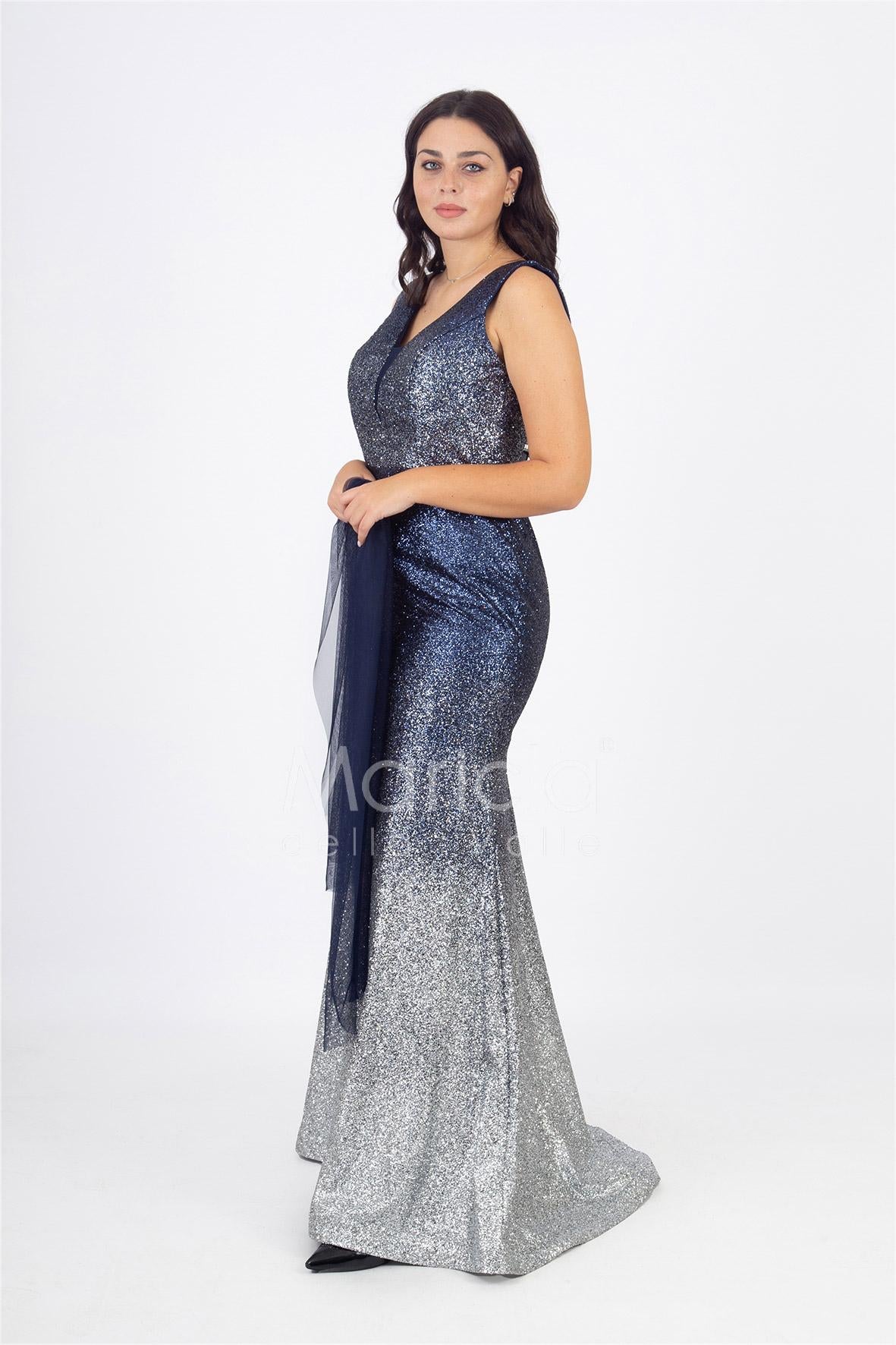 abito lungo pioggia di strass SE8390 BLU MARICLA ELEGANCE 