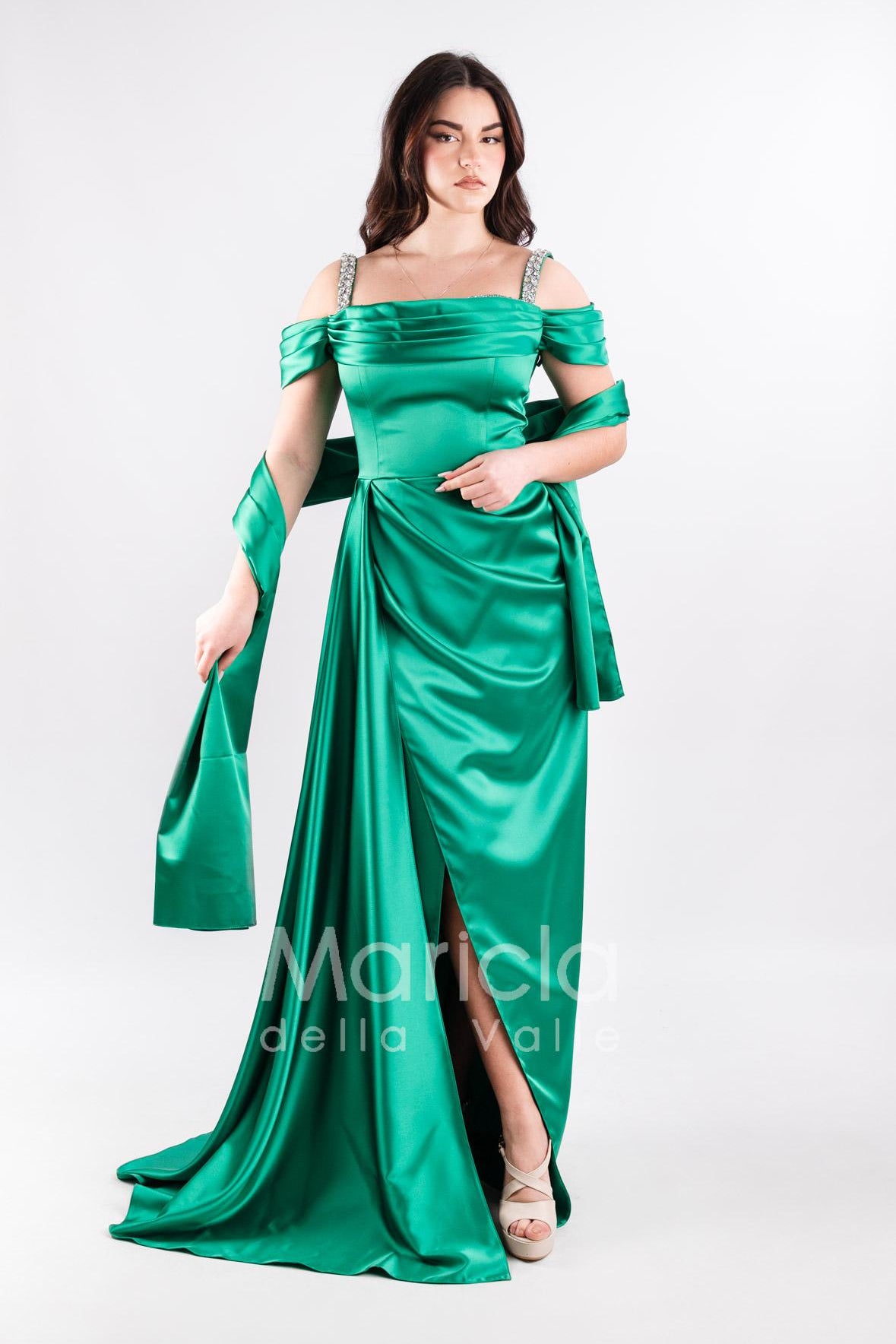 abito scollo pietre con fusciacca JC35121 VERDE MARICLA ELEGANCE 