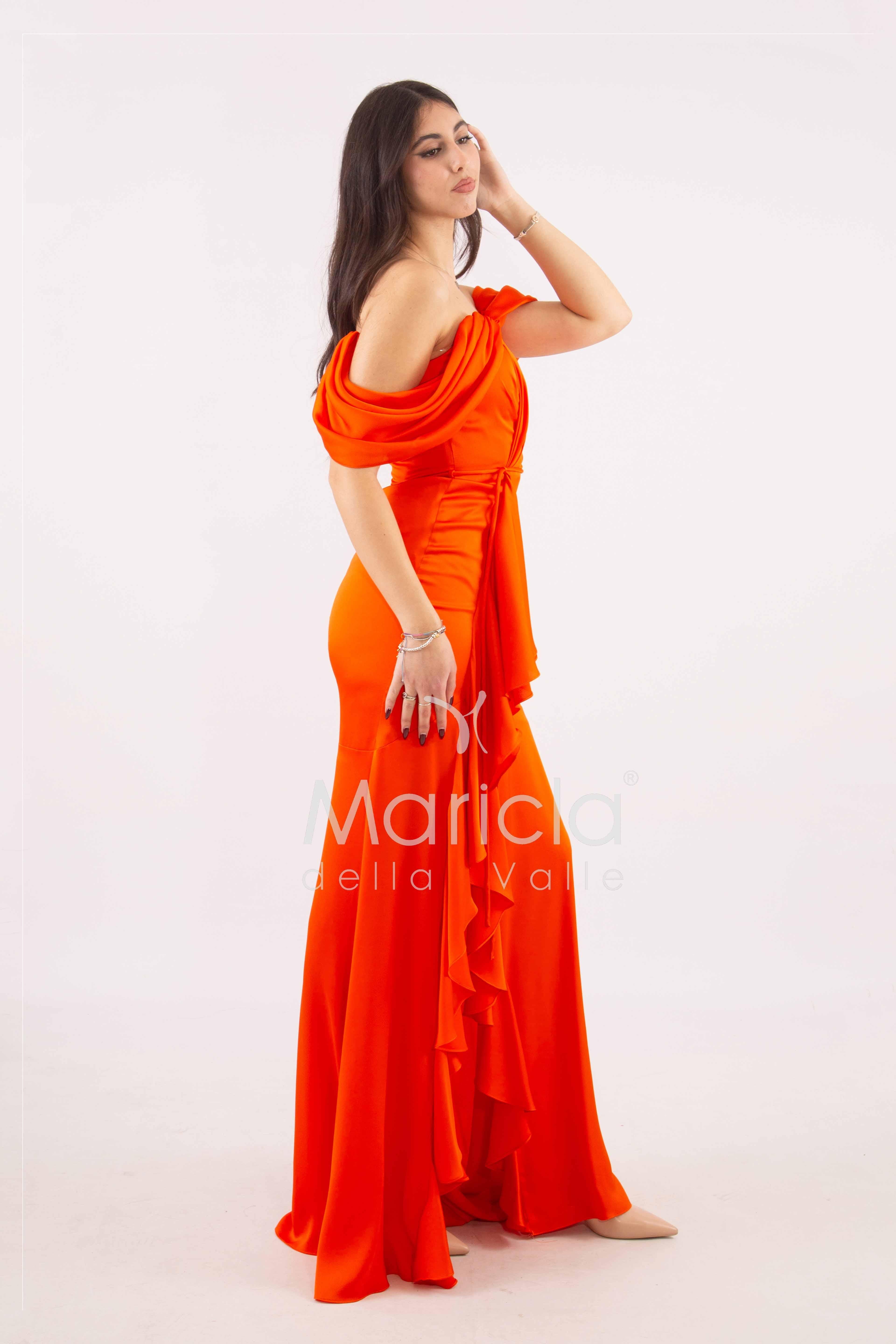 abito lungo in crepe saten con rouche ANT80018 ARANCIO ANTILLE ELEGANCE 