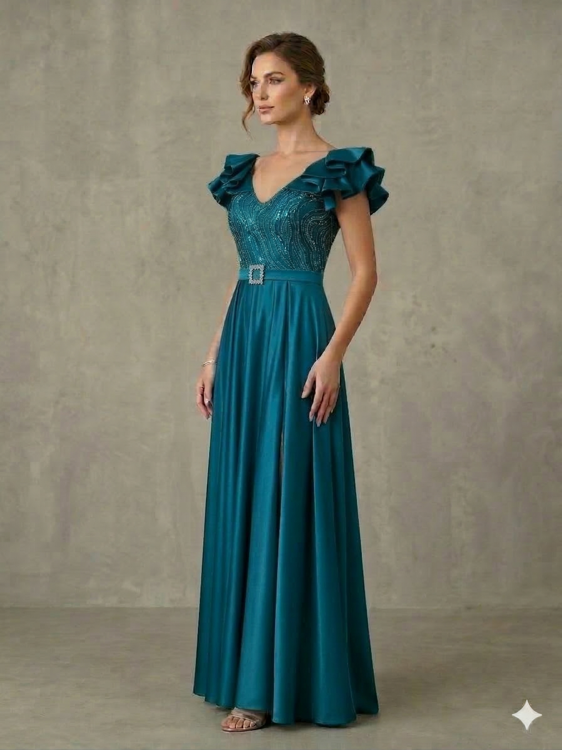 abito lungo rouche con paiette LH227AL PETROLIO LUDOVICA HASSLER 