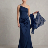 abito lungo monospalla gioiello CAR58608 BLU MARICLA ELEGANCE 