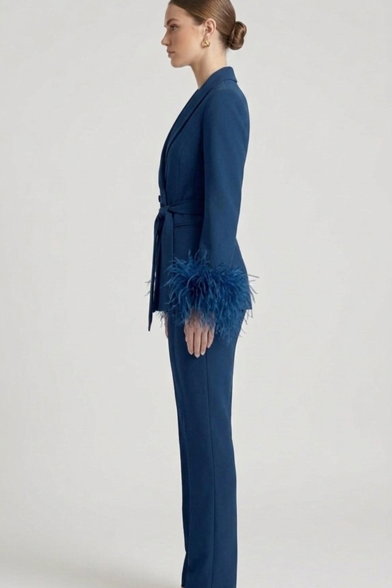 tailleur doppio petto con piume EC04602 BLU MARICLA 