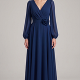 abito manica lunga chiffon fiore FI1185 BLU MARICLA ELEGANCE 