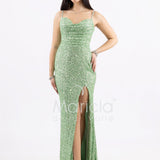 abito lungo paillettes drappeggio e spacco PB8066F MENTA MARICLA ELEGANCE 
