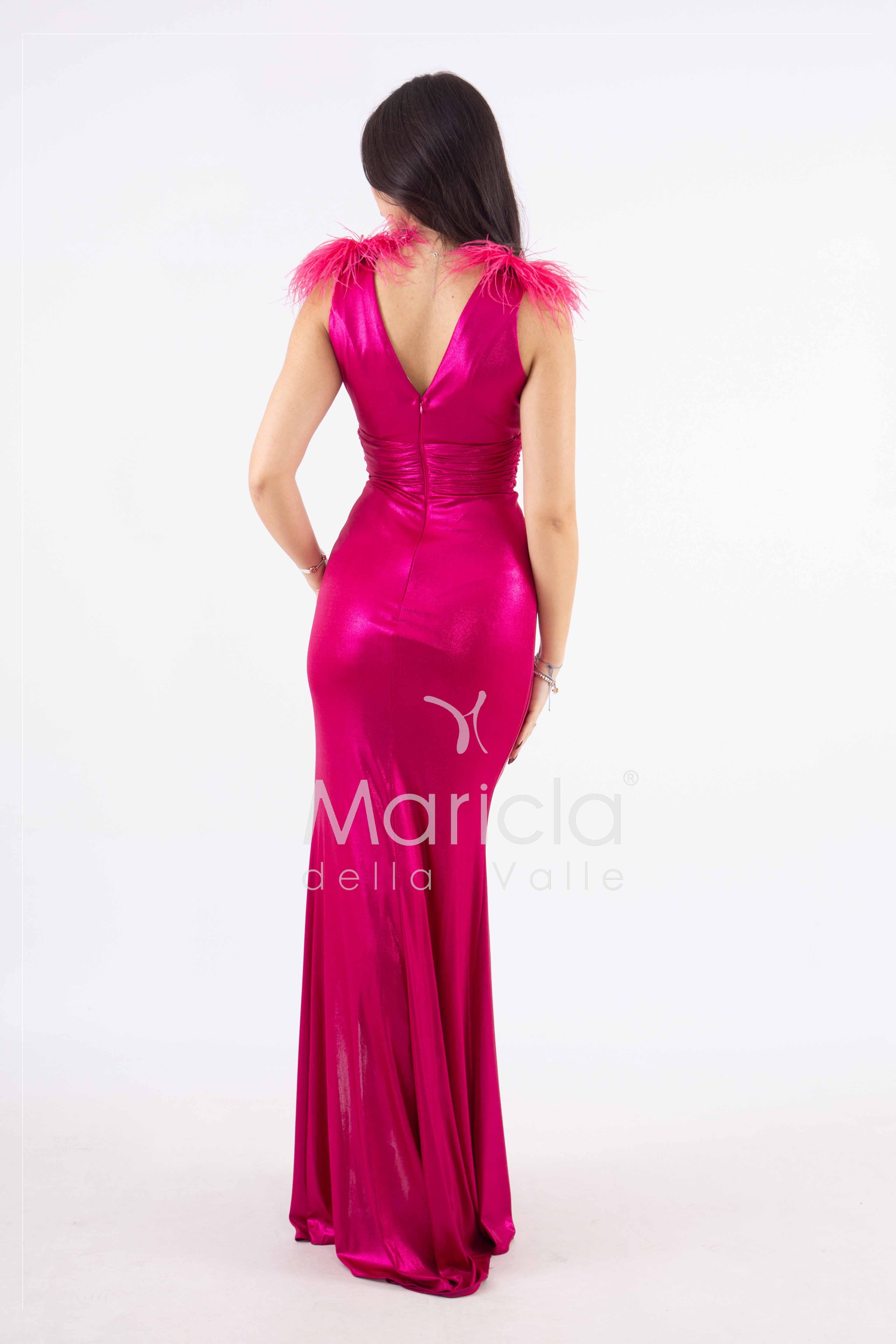 abito lungo effetto bagnato con piume HC5205 FUCSIA MARICLA ELEGANCE 