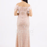 abito con paiette arricciato e piume SS23506 ROSA MARICLA ELEGANCE 