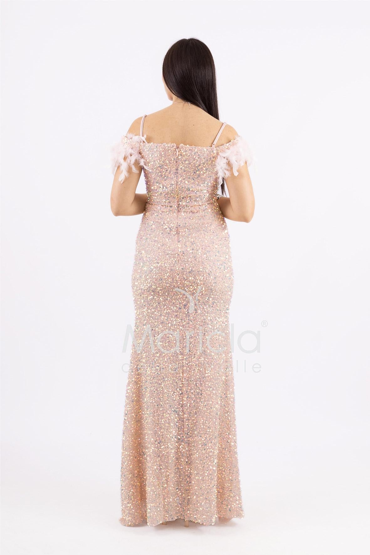 abito con paiette arricciato e piume SS23506 ROSA MARICLA ELEGANCE 