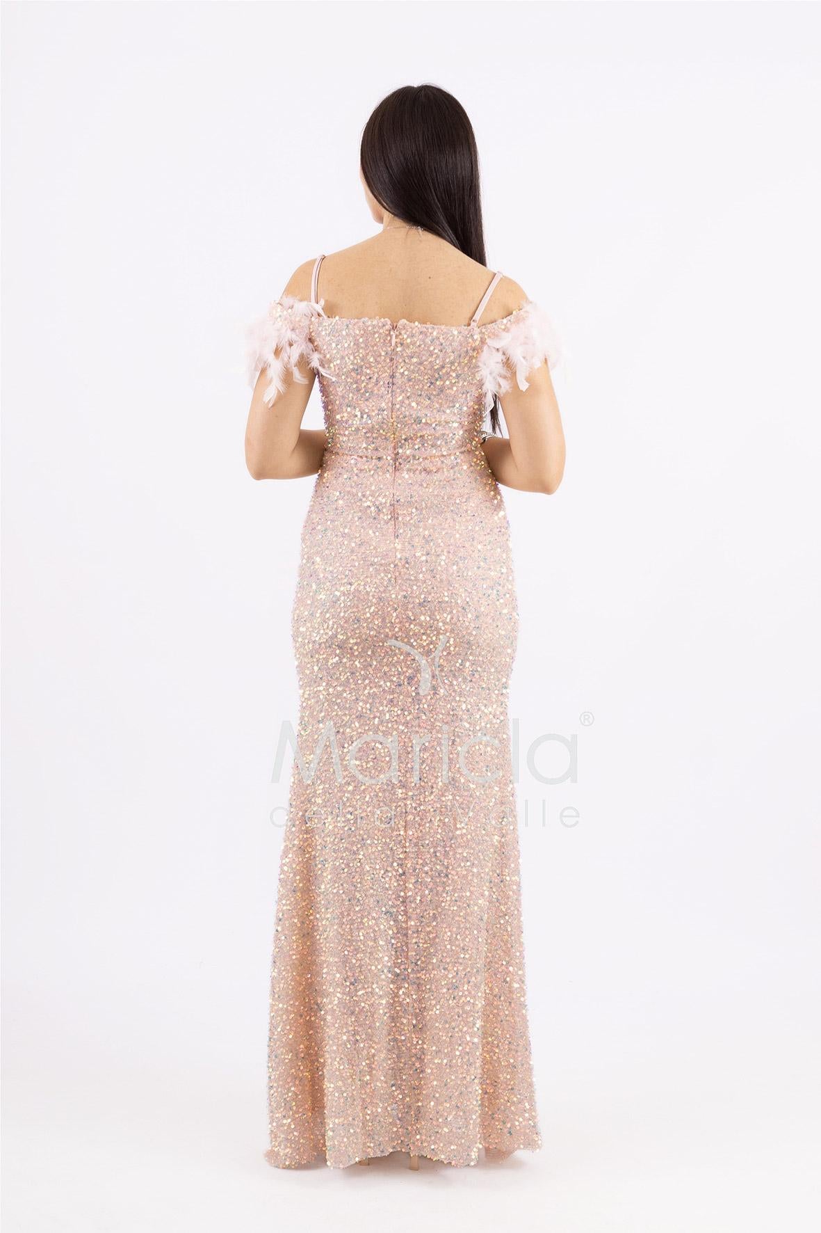 abito con paiette arricciato e piume SS23506 ROSA MARICLA ELEGANCE 
