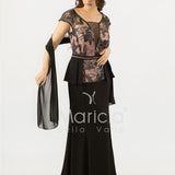 abito lungo con baschina ricamata SH839AL NERO SHARON 