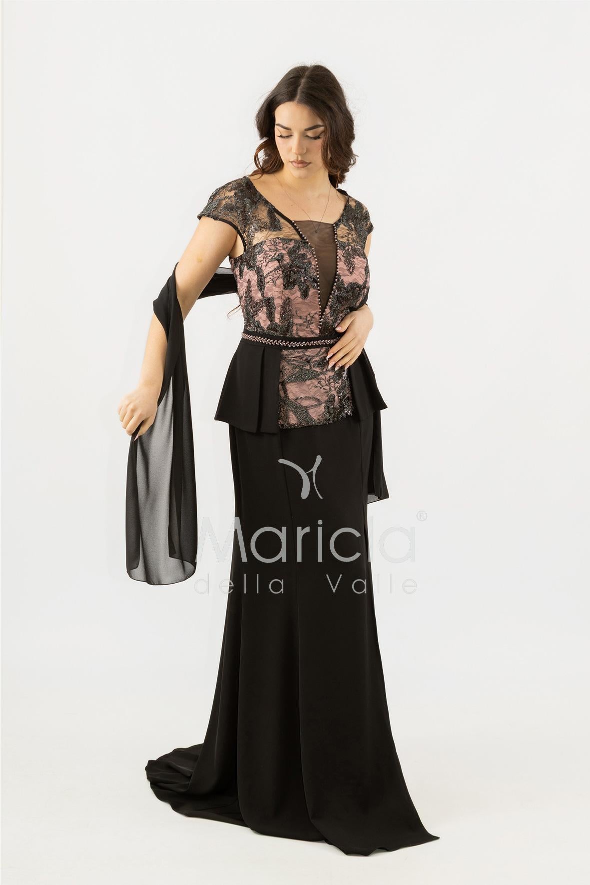 abito lungo con baschina ricamata SH839AL NERO SHARON 