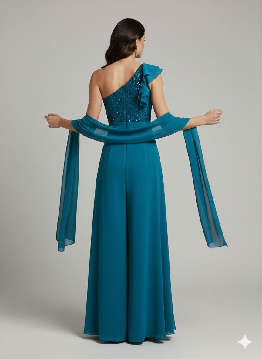 tuta monospalla corpetto strass LH118TU PETROLIO LUDOVICA HASSLER 