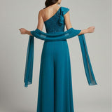 tuta monospalla corpetto strass LH118TU PETROLIO LUDOVICA HASSLER 