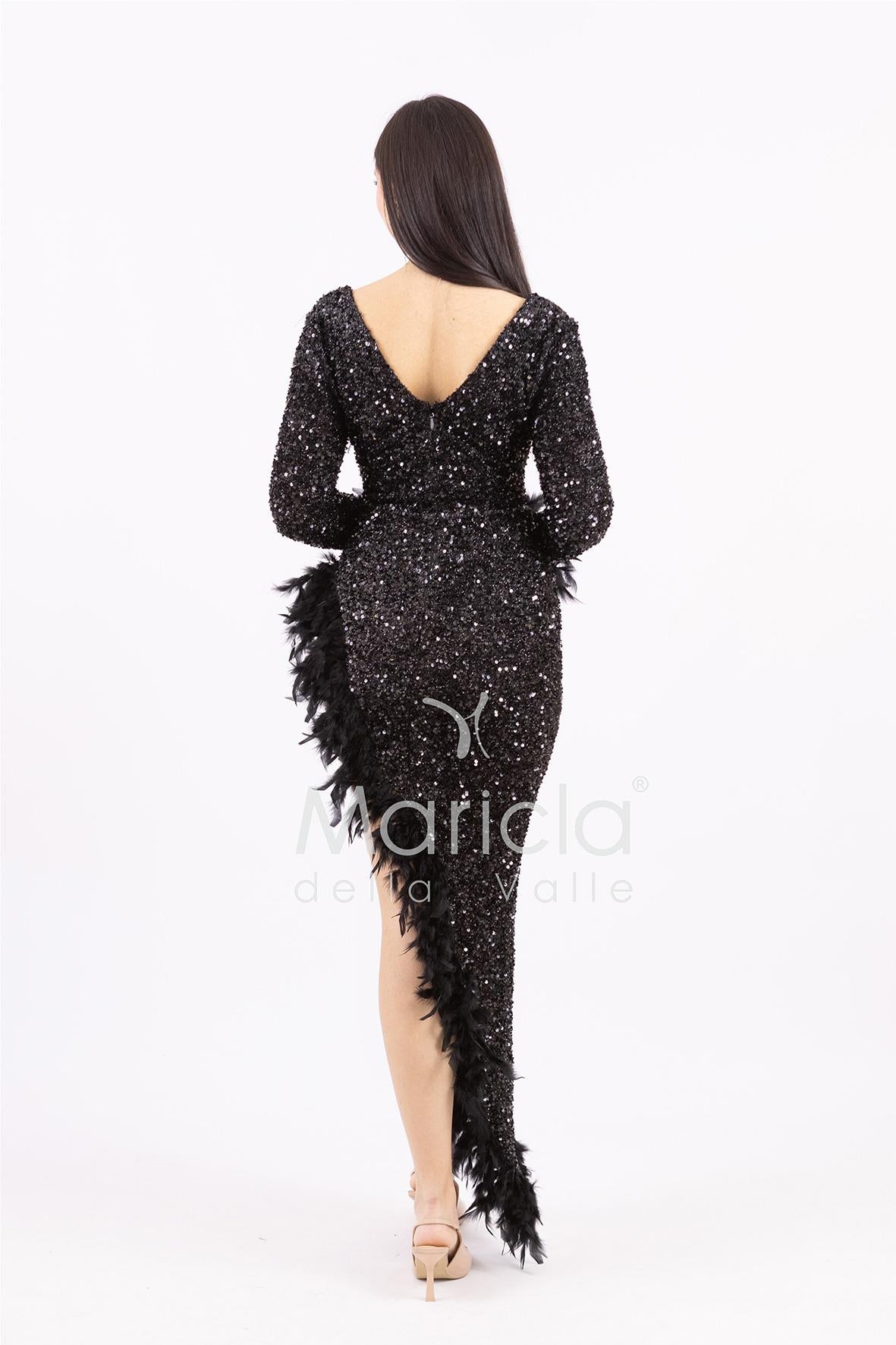 Abito lungo con paillettes e piume SS23126 NERO MARICLA ELEGANCE 