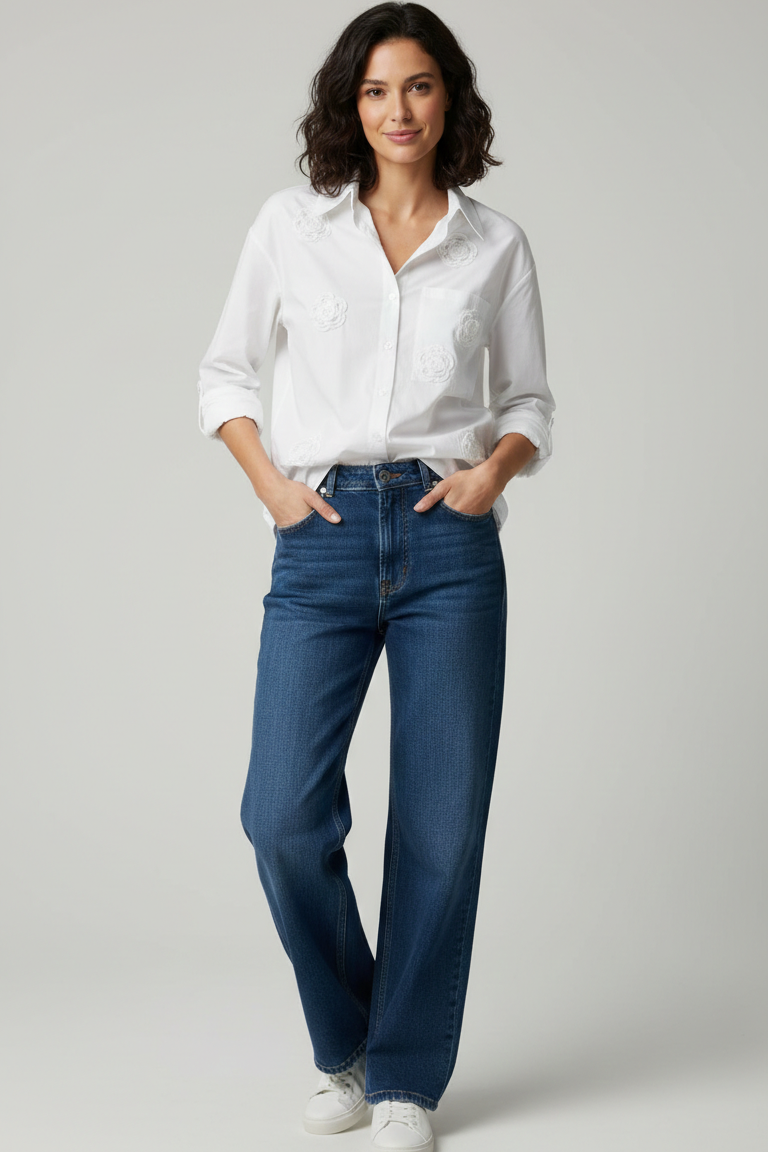 camicia cotone con rose e strass CF22200 BIANCO CARLA FERRONI 