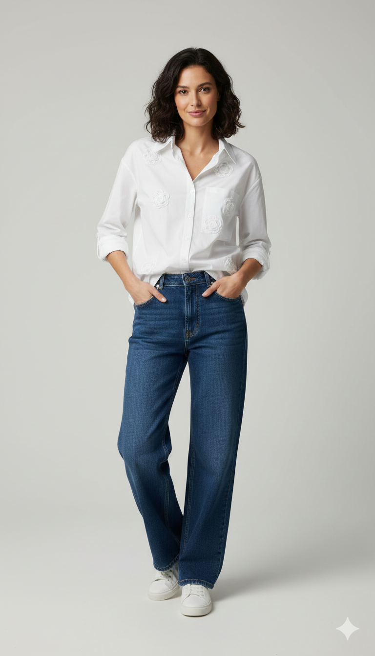 camicia cotone con rose e strass CF22200 BIANCO CARLA FERRONI 