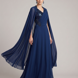 abito lungo paiette laterali e mantella KMK749 BLU MARICLA ELEGANCE 