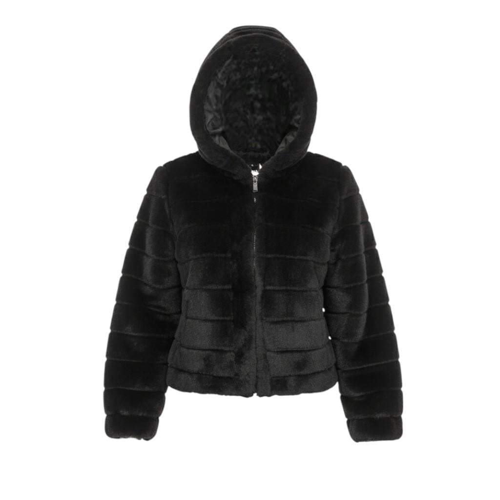 Giaccone in pelliccia a fasce con cappuccio<BR/> LIN3422 NERO MARICLA 