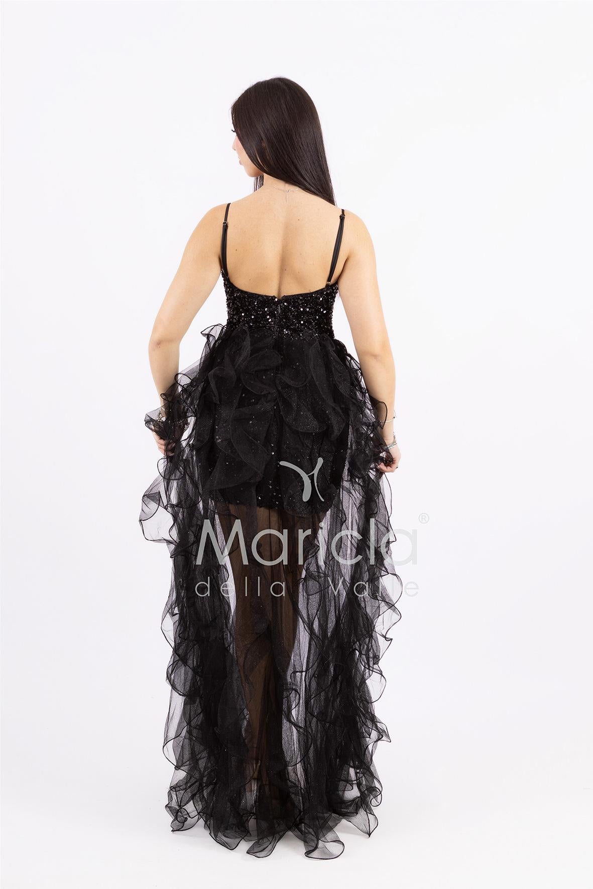 Abito midi in paillettes con strascico in tulle SS24228 NERO MARICLA ELEGANCE 