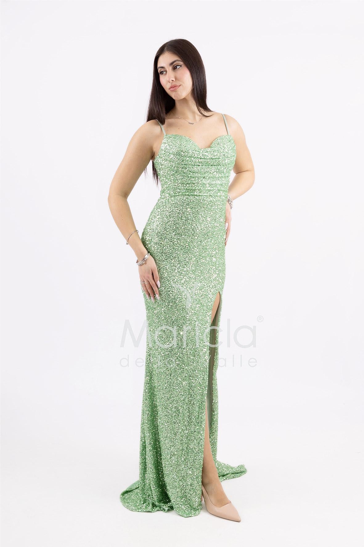 abito lungo paillettes drappeggio e spacco PB8066F MENTA MARICLA ELEGANCE 