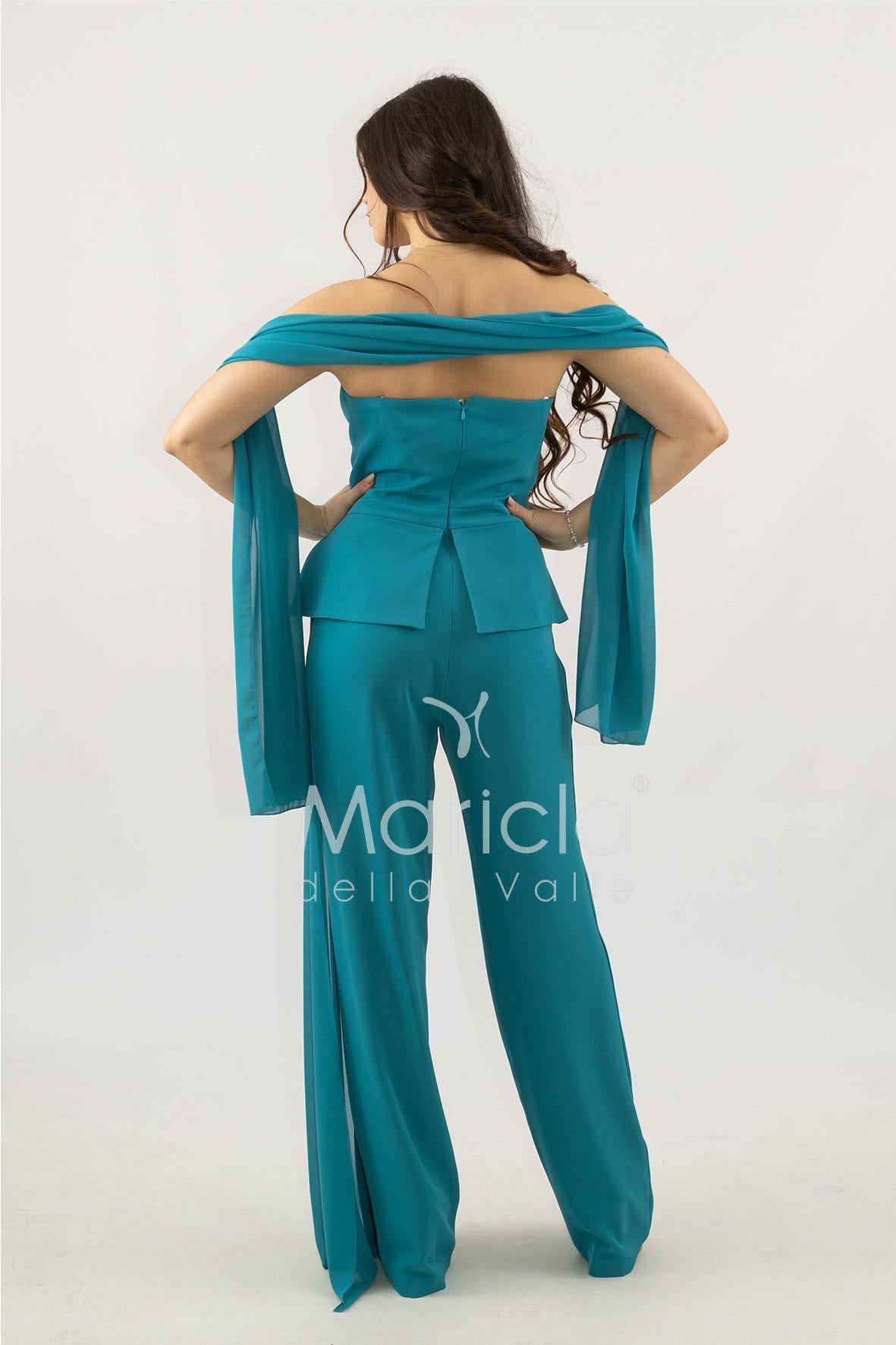 tuta con baschina e dettaglio strass SH906TU PETROLIO SHARON 