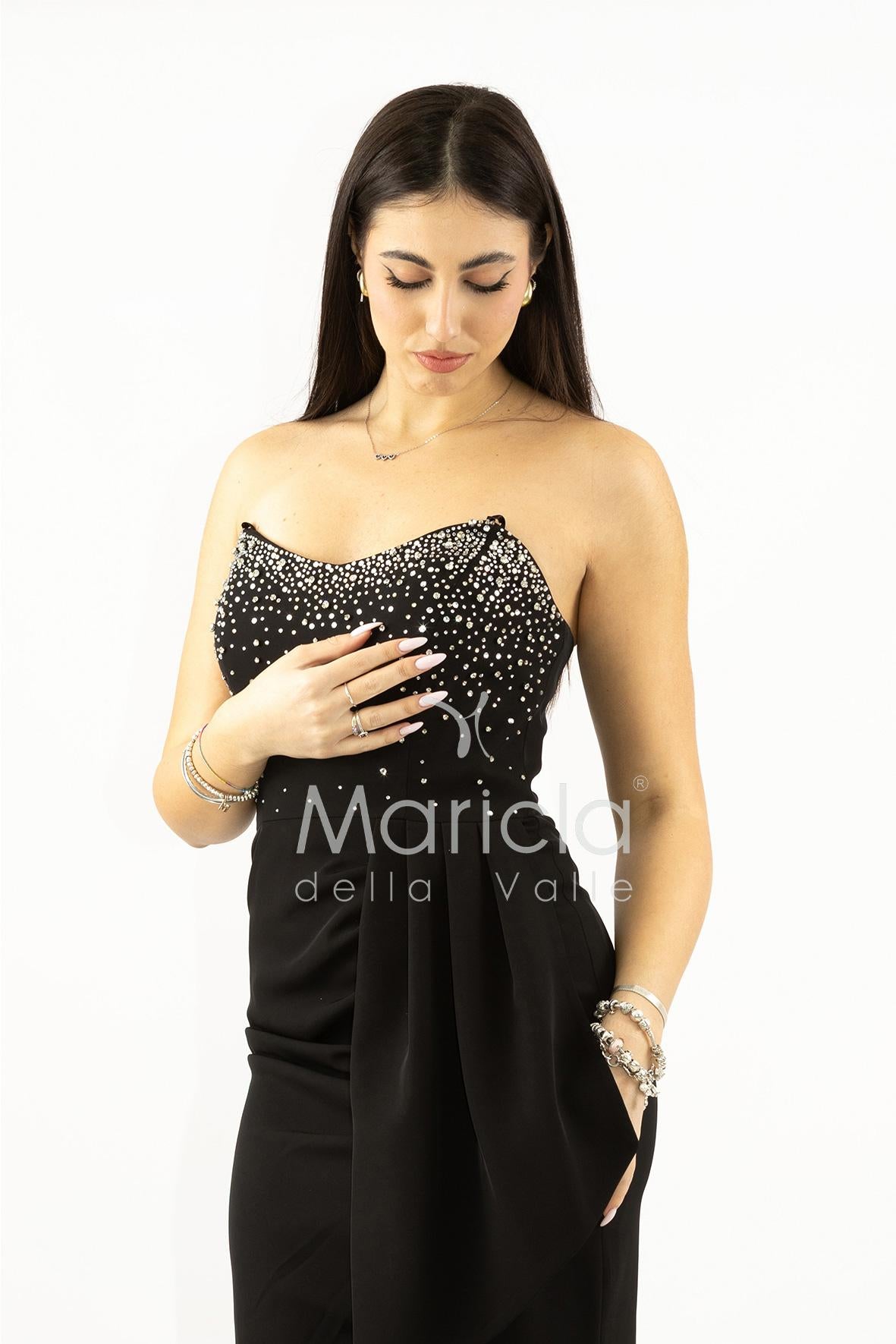 abito midi corpetto strass e rouche SH829AC NERO SHARON 