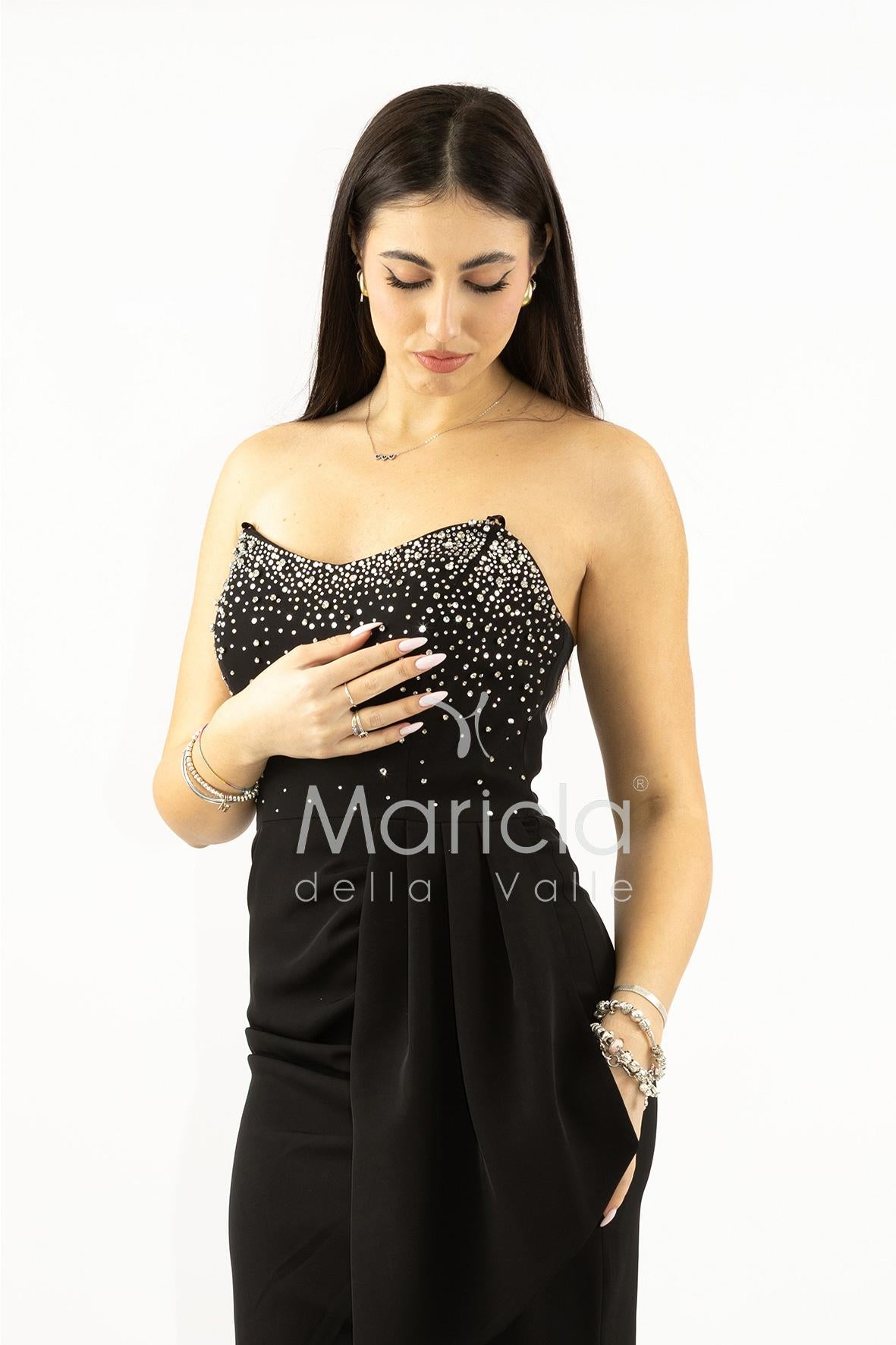 abito midi corpetto strass e rouche SH829AC NERO SHARON 