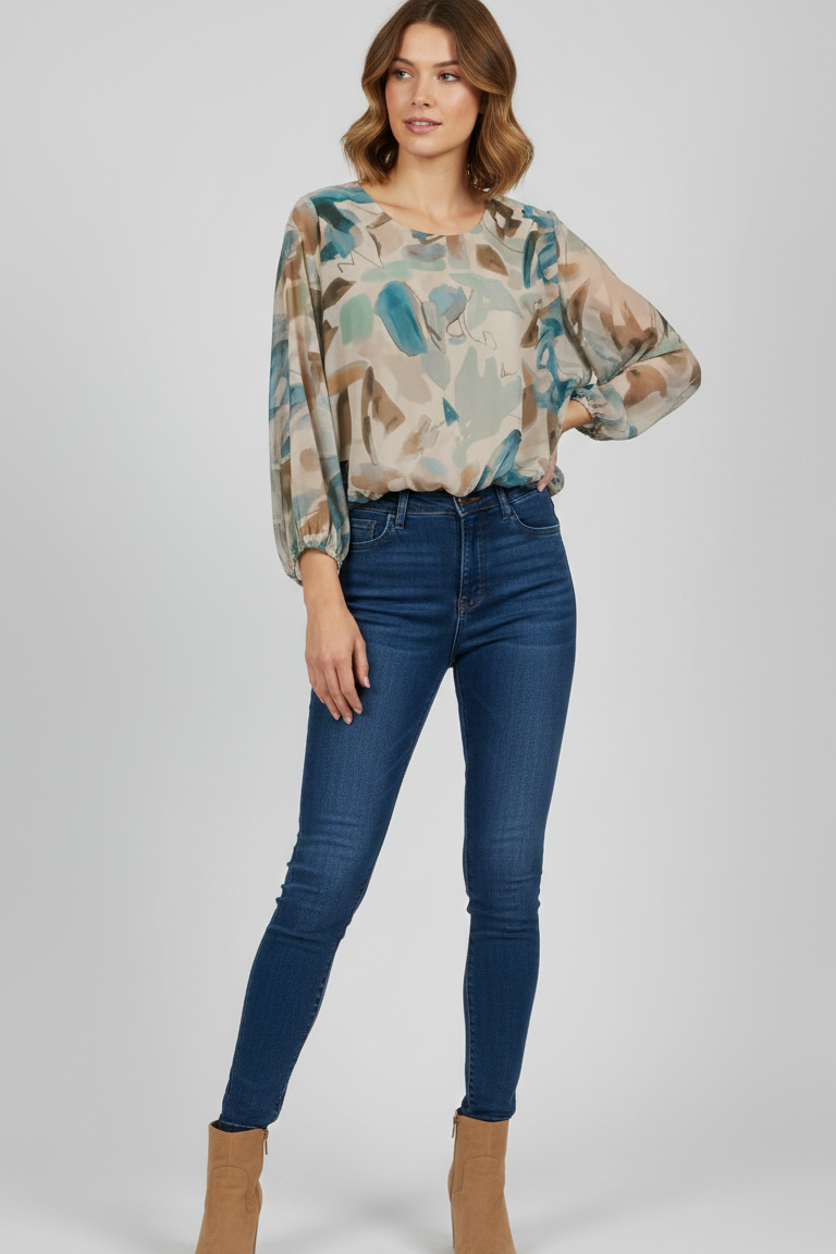 Blusa Leggera in Chiffon con Stampa Astratta Acquerello GR2040 OTTANIO MARICLA 