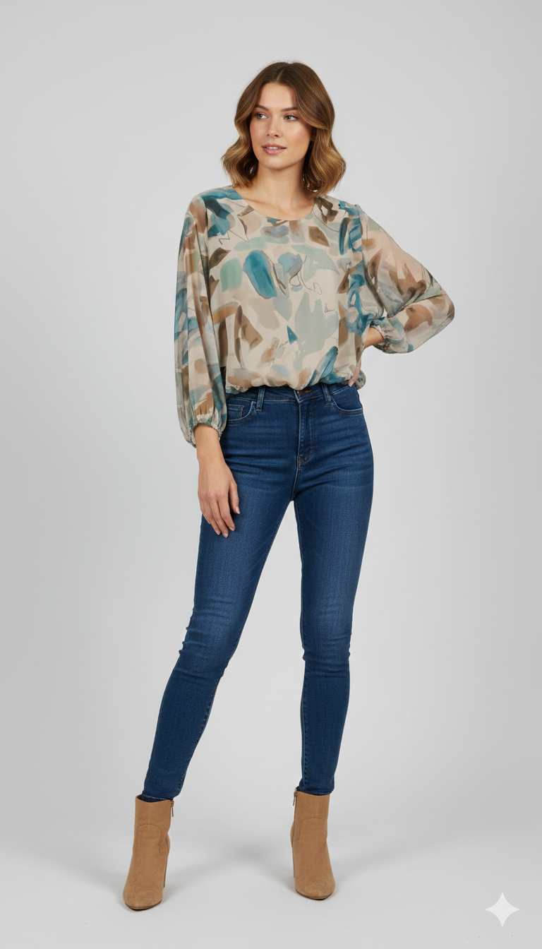 Blusa Leggera in Chiffon con Stampa Astratta Acquerello GR2040 OTTANIO MARICLA 