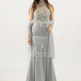 abito lungo con corpetto in strass e piume SH842AL ARGENTO SHARON 