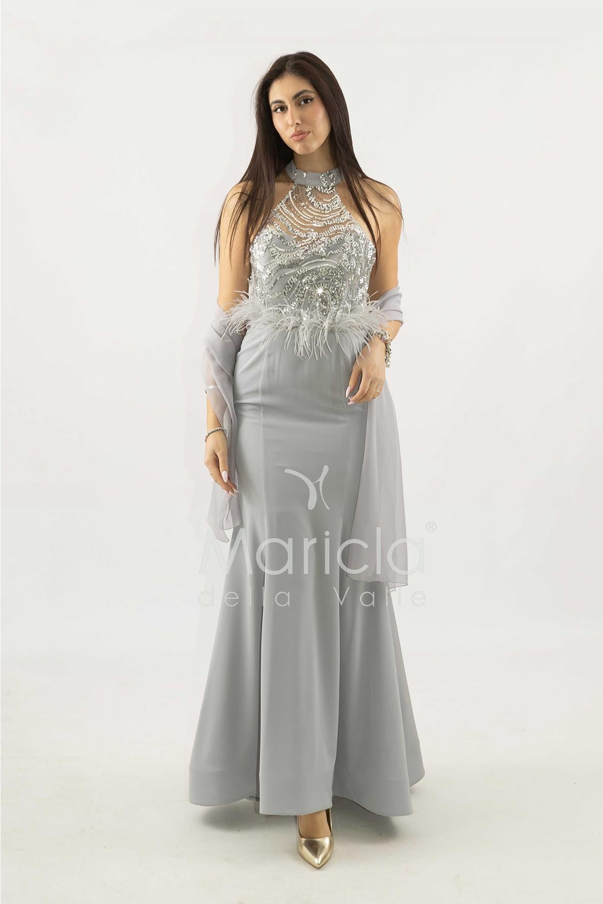 abito lungo con corpetto in strass e piume SH842AL ARGENTO SHARON 