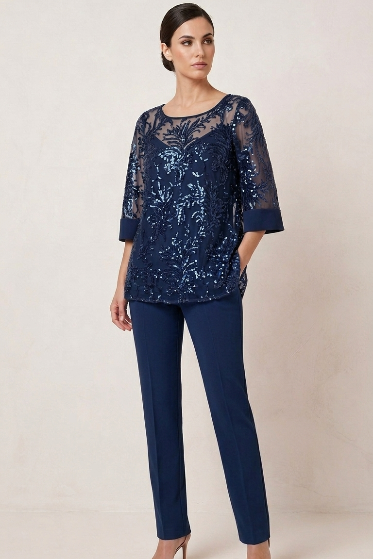 completo 3 pezzi Casacca ricamata- Canotta - Pantalone SH602TP BLU SHARON 