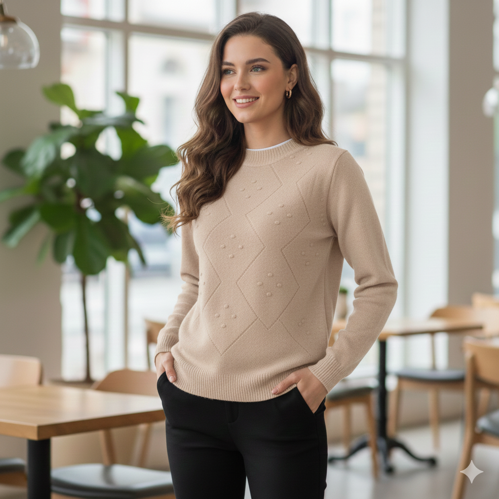 Maglia 100% lana girocollo CF4367 BEIGE CARLA FERRONI 