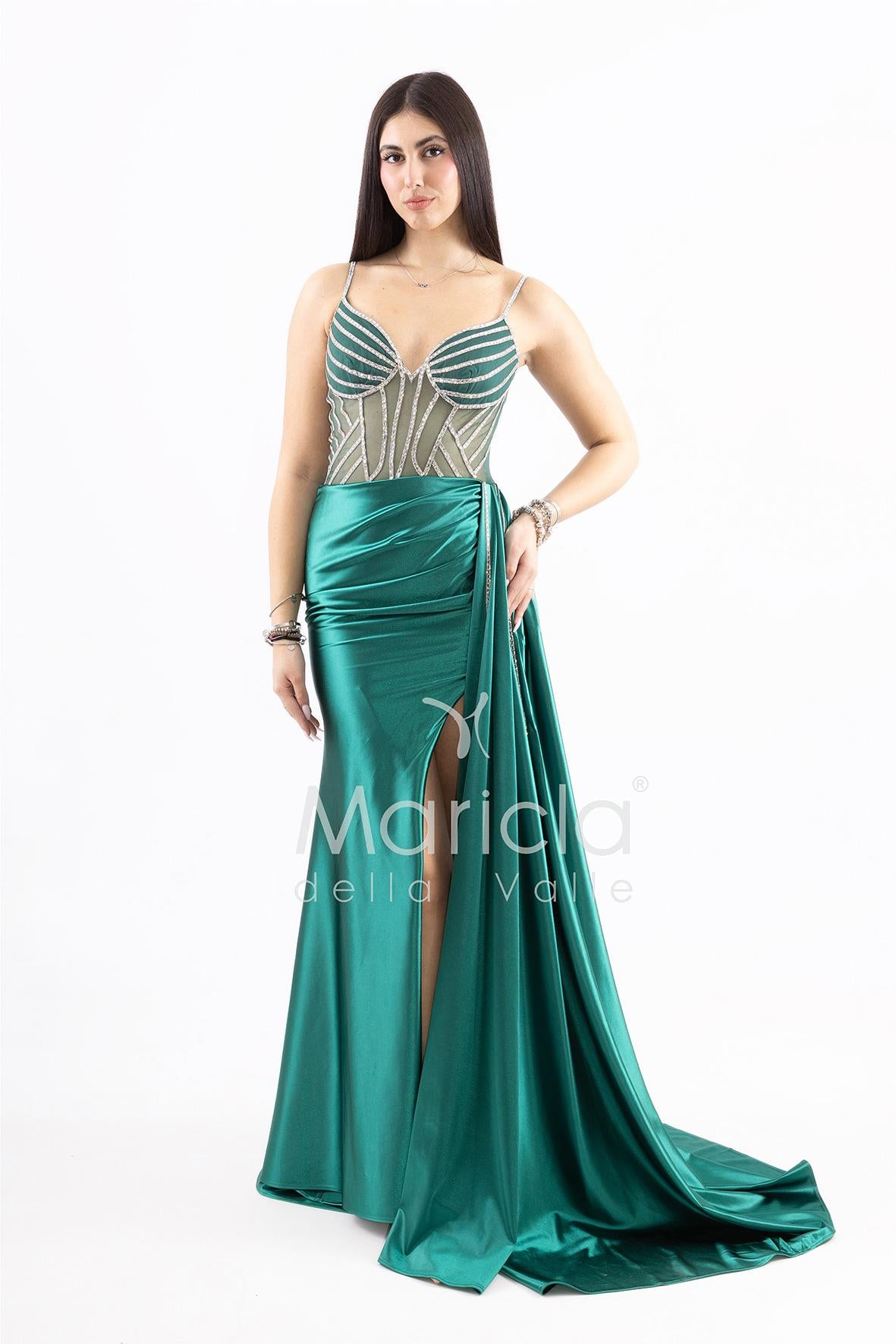abito lungo bustier trasparenze e strass FP881008 VERDE MARICLA ELEGANCE 