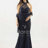 abito lungo con corpetto in strass e piume SH842AL BLU SHARON 
