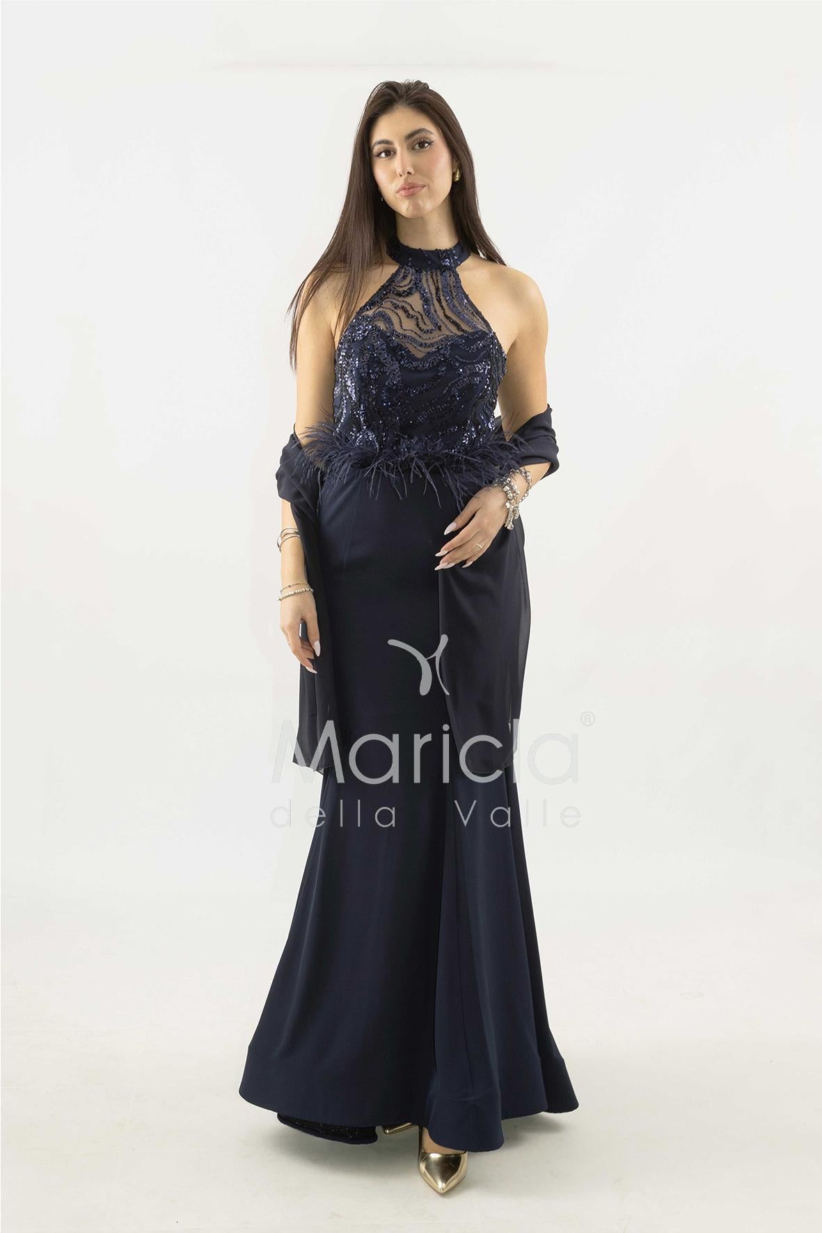 abito lungo con corpetto in strass e piume SH842AL BLU SHARON 